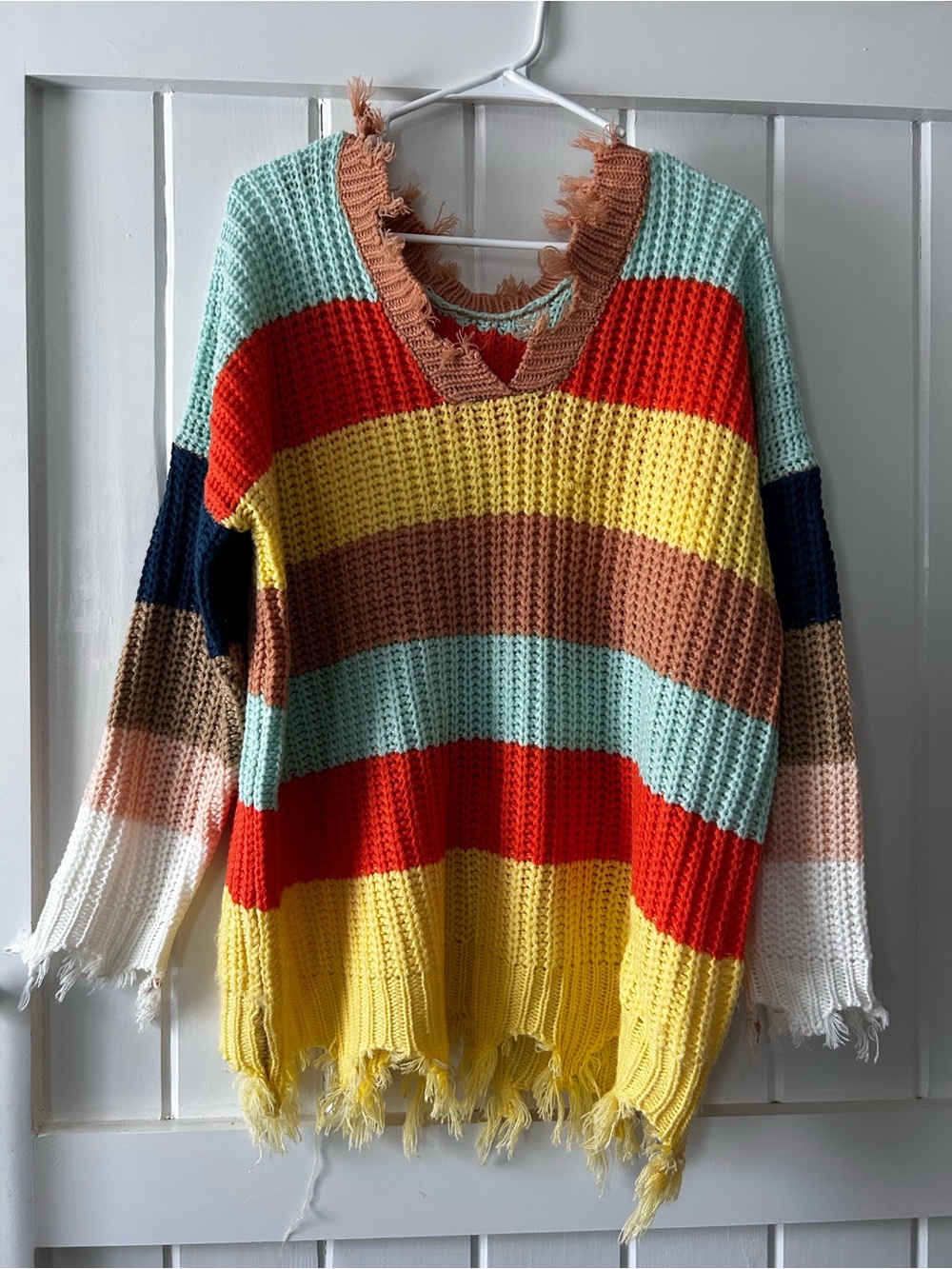 Distressed Multi-Color Stripe V-Neck Sweater